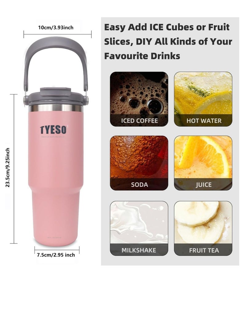 TYESO 1200ml Vacuum Insulated Tumbler 40oz Stainless Steel Travel Mug with Handle & Lid – Double Wall Thermal Water Bottle for Hot & Cold Drinks, Leakproof Large Capacity Cup – Pink - Image 4